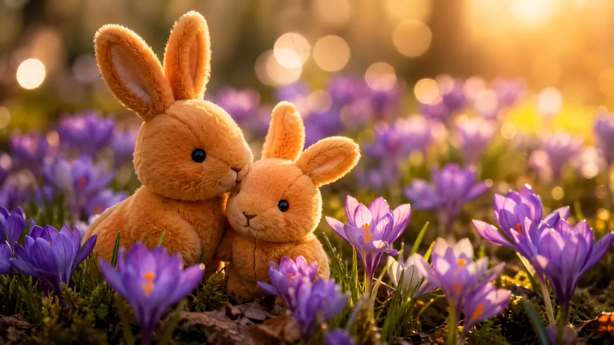 Zwei Plüschhasen zwischen lila Krokussen im Frühling