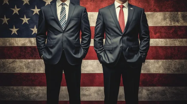 Zwei Politiker in Anzügen vor US-Flagge