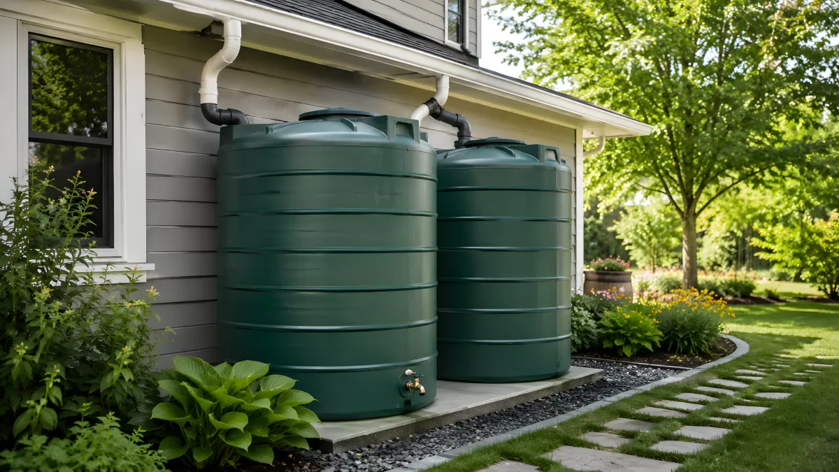 Zwei Regenwassertanks am Haus mit Fallrohranschluss