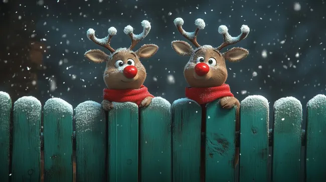 Zwei Rentiere mit Schals im Schneesturm