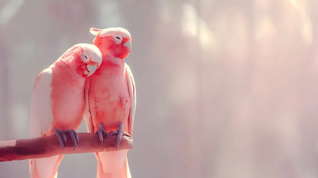 Zwei rosa Kakadus kuscheln auf Ast in sonniger Umgebung