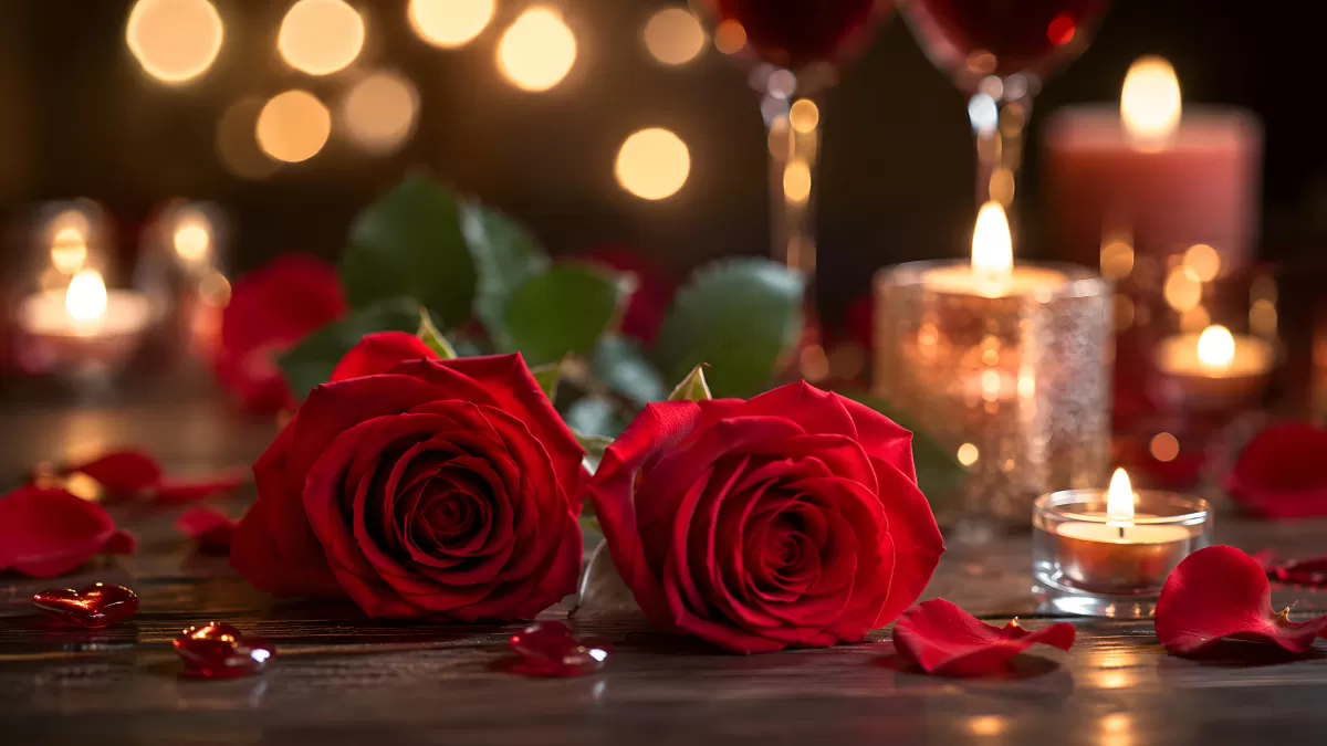 Zwei rote Rosen bei Kerzenschein zum Valentinstag