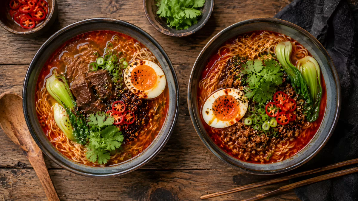 Zwei Schalen scharfe Ramen-Suppe mit Ei und Gemüse