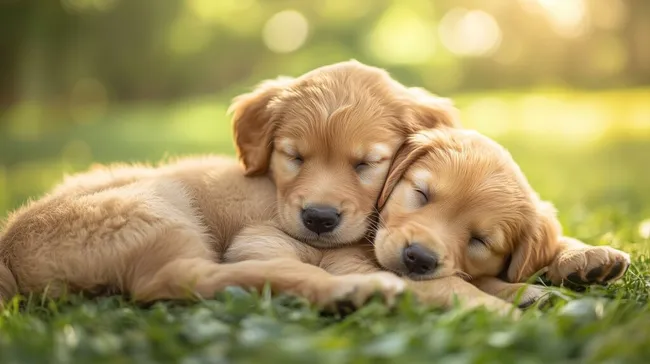 Zwei schlafende Golden Retriever Welpen auf Wiese