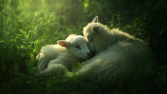 Zwei schlafende Lämmer in grüner Idylle