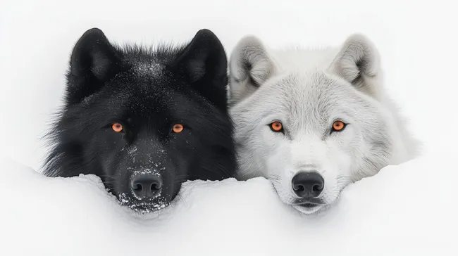 Zwei schneebedeckte Polarwölfe mit leuchtendem Blick