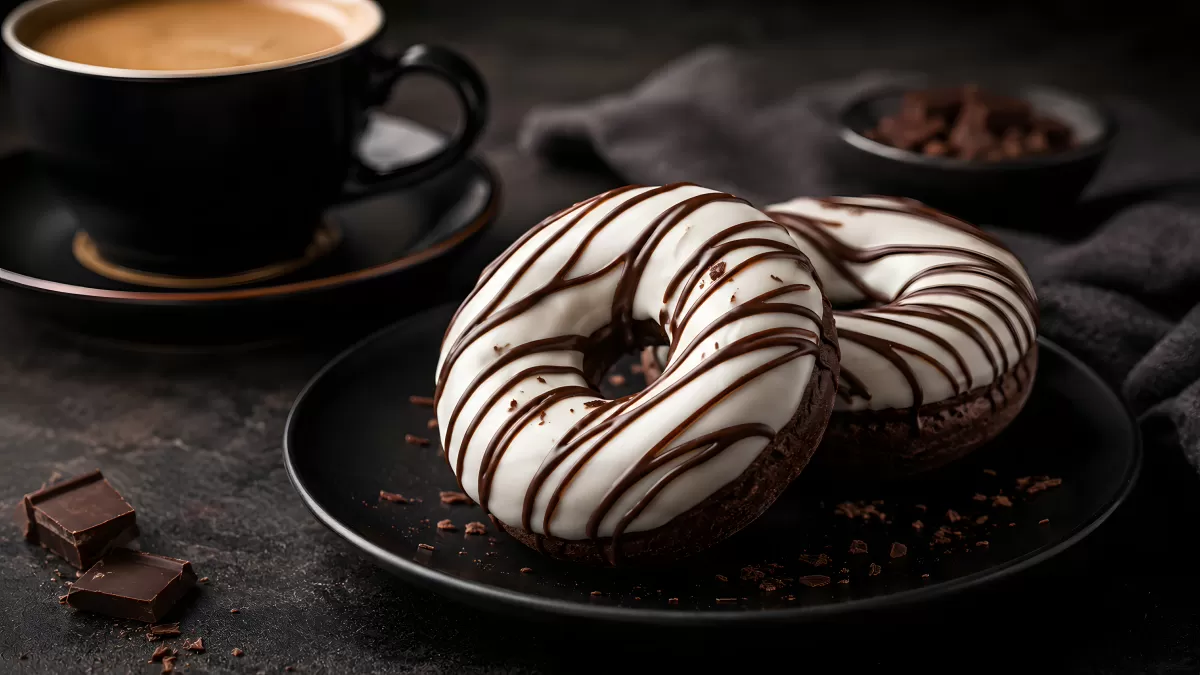Zwei Schokoladendoughnuts mit weißer Glasur und Kaffee