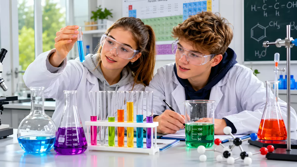 Zwei Schüler experimentieren im Chemielabor