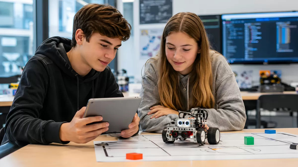 Zwei Schüler programmieren einen Roboter im MINT-Unterricht