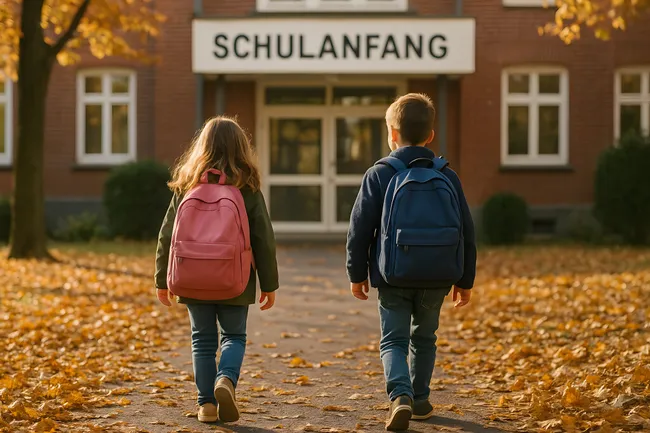Zwei Schulkinder betreten Schulgelände im Herbst