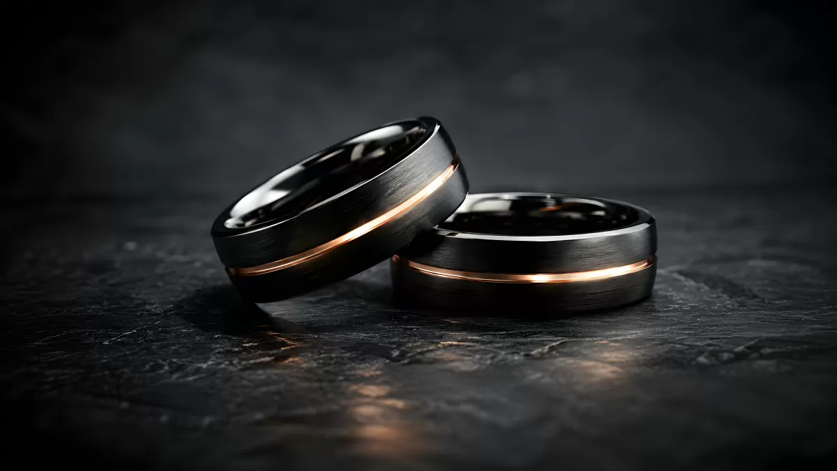 Zwei schwarze Wolfram-Ringe mit Roségold-Streifen