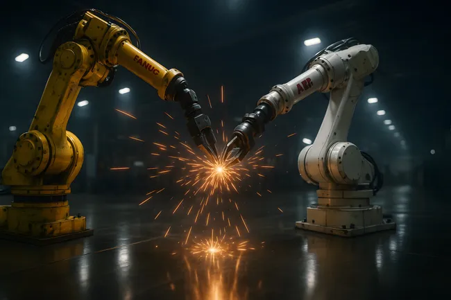 Zwei Schweißroboter in dunkler Industriehalle