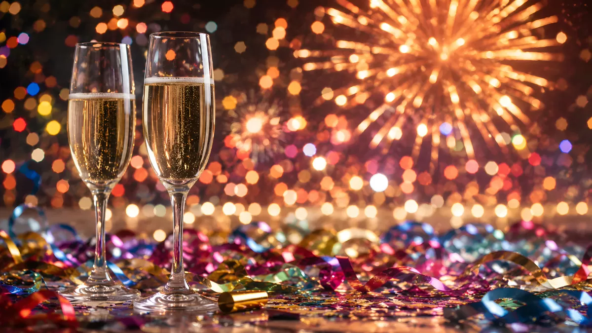 Zwei Sektgläser mit Feuerwerk und buntem Konfetti