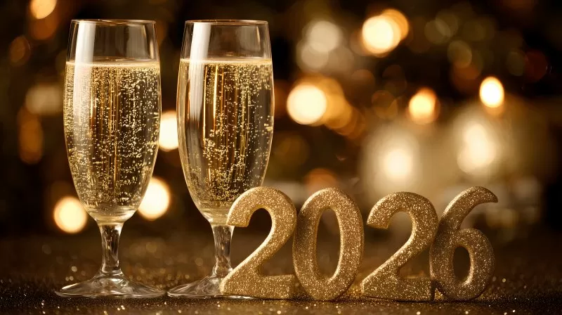 Zwei Sektgläser mit goldenen Blasen und 2026 in Goldglitzer