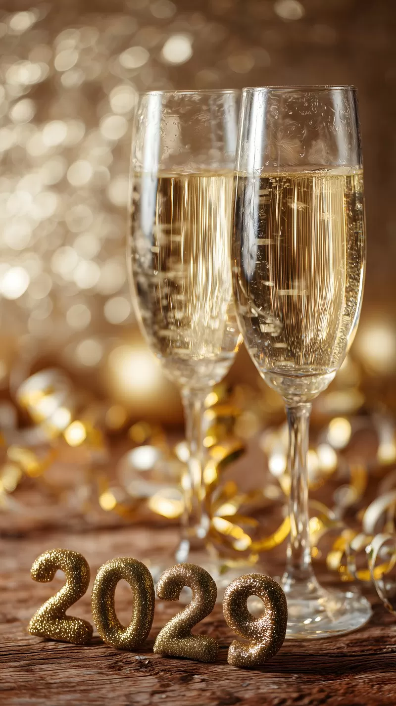 Zwei Sektgläser mit goldener Dekoration und Zahl 2029 auf Holztisch