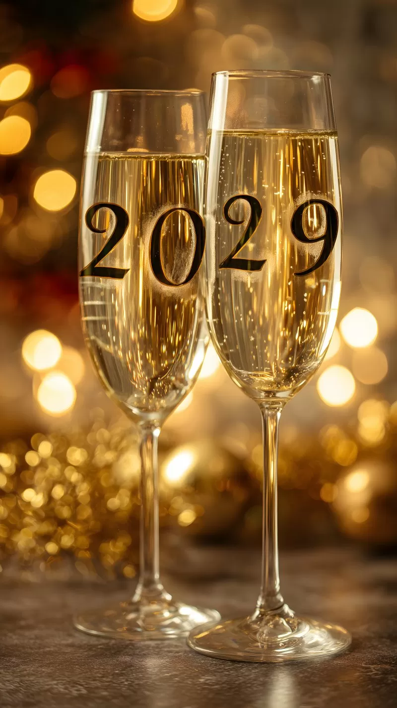 Zwei Sektgläser mit Jahreszahl 2029 auf goldener Kulisse