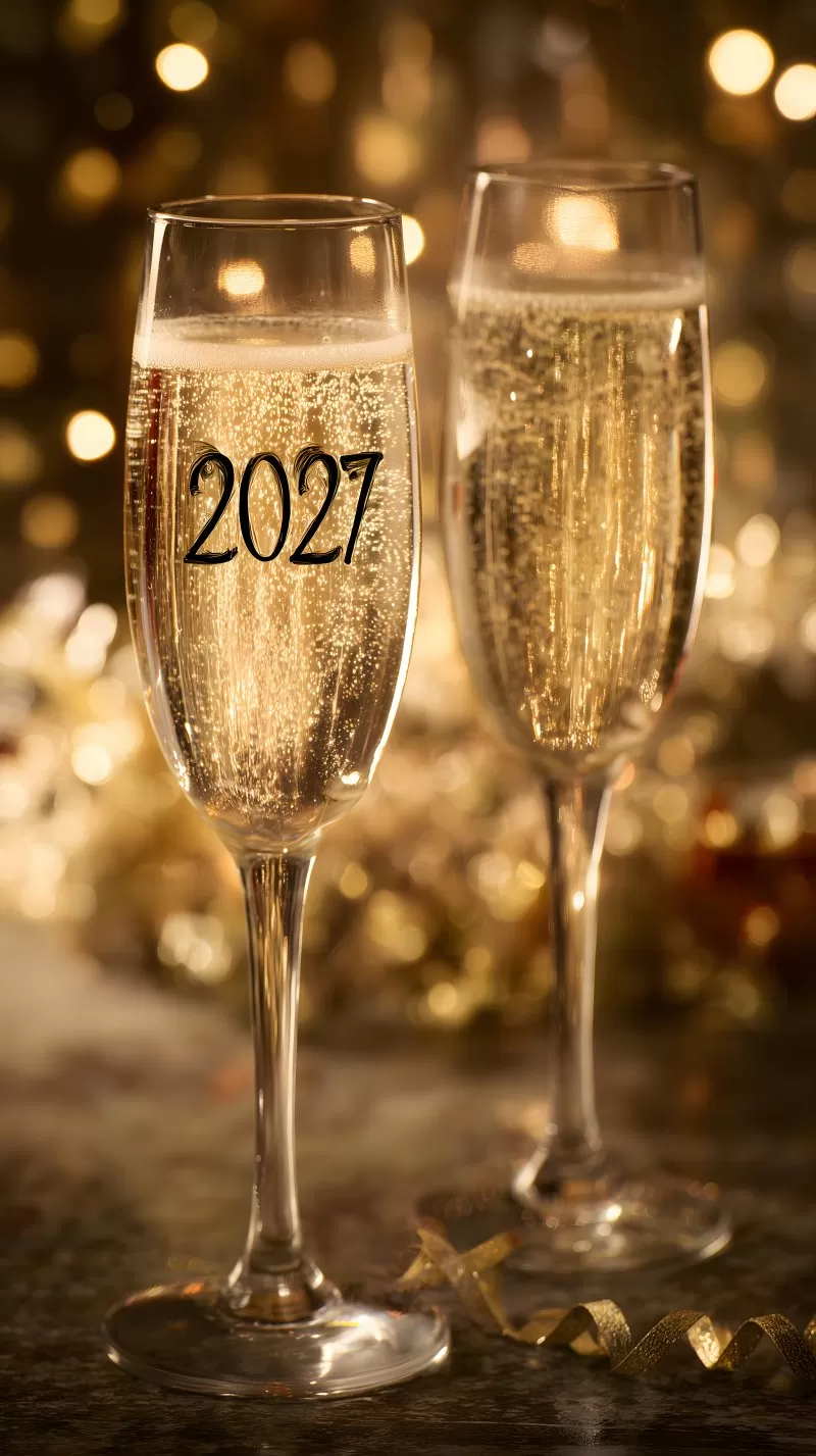 Zwei Sektgläser mit Schriftzug 2027 auf goldenem Bokeh-Hintergrund
