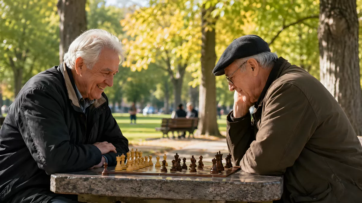 Zwei Senioren spielen Schach im herbstlichen Park