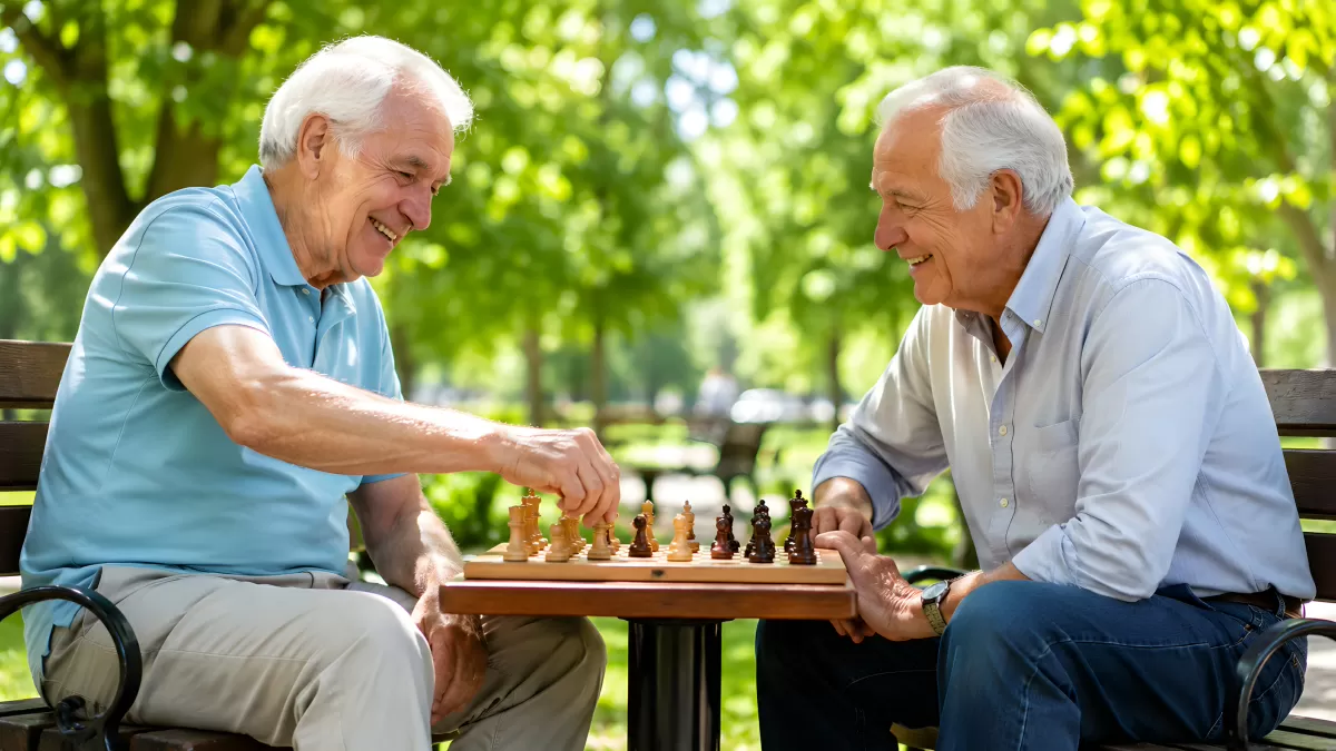 Zwei Senioren spielen Schach im sonnigen Park