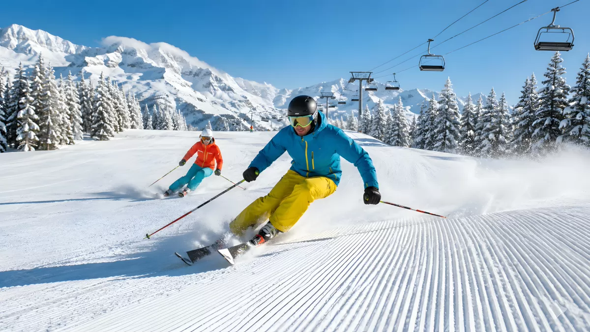 Zwei Skifahrer auf präparierter Piste in den Alpen