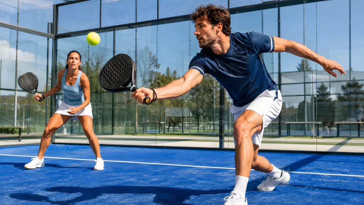Zwei Spieler beim Padel auf blauem Hallenplatz