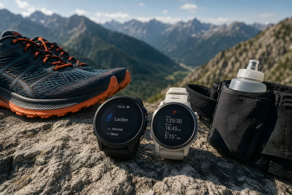Zwei Sportuhren auf Berggipfel mit Laufschuhen
