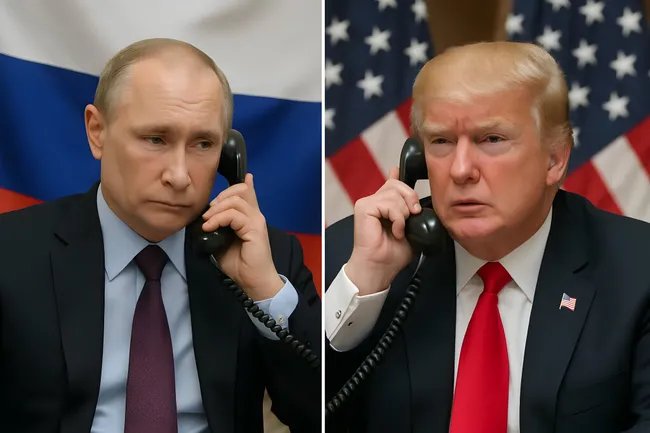 Zwei Staatsoberhäupter in Telefonkonferenz vor Landesflaggen