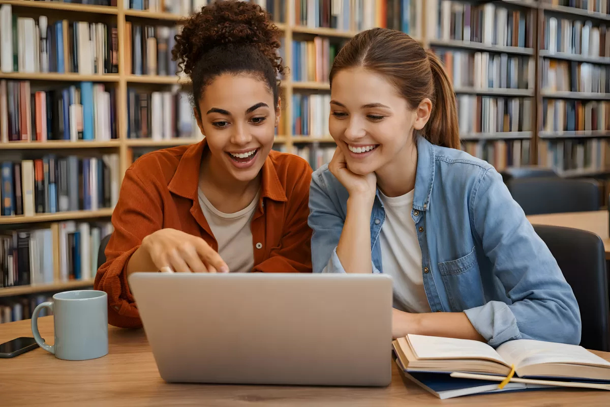 Zwei Studentinnen lernen gemeinsam in der Bibliothek