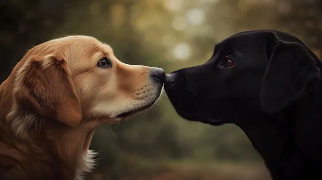 Zwei verspielte Hunde schnuppern Nase an Nase
