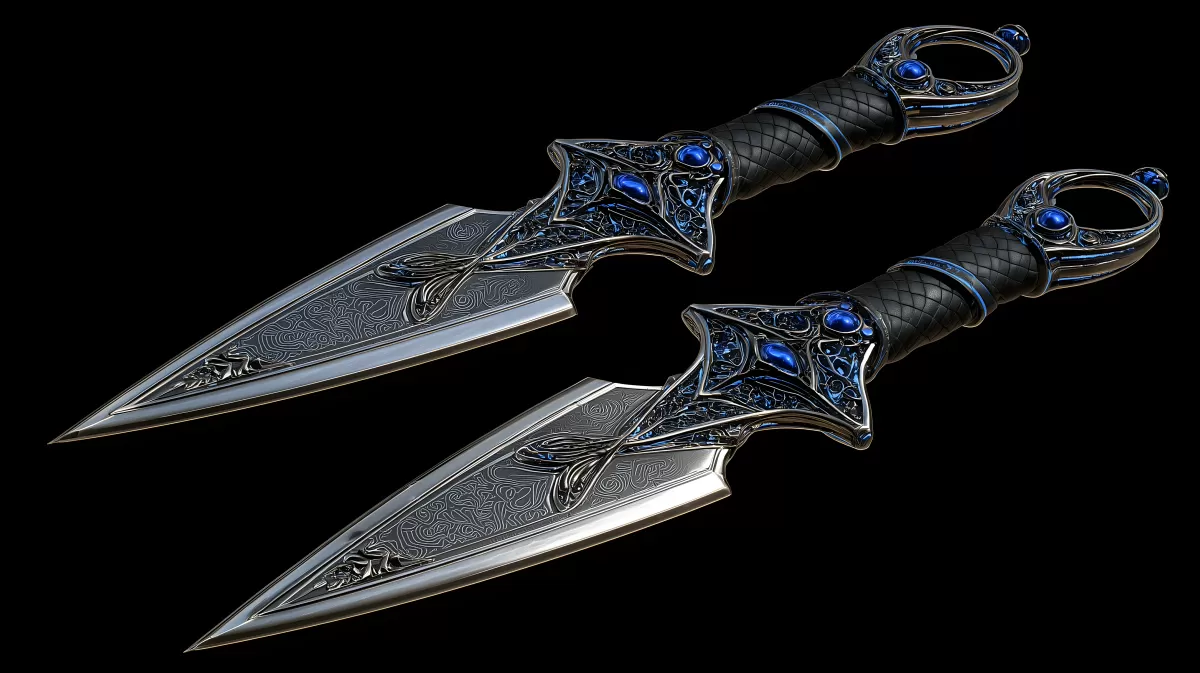 Zwei verzierte Dolche mit blauen Edelsteinen