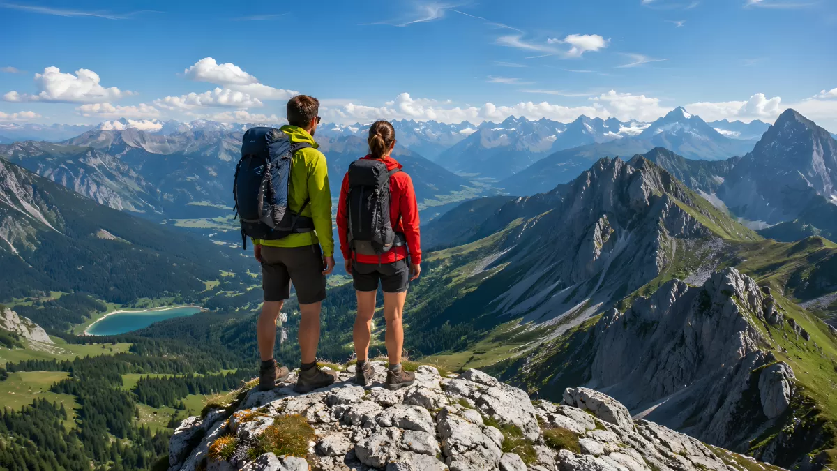 Zwei Wanderer auf Berggipfel mit Alpenblick