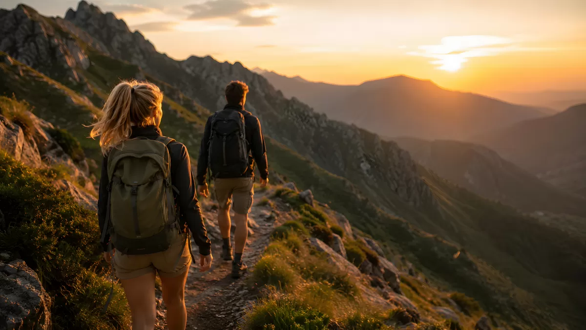 Zwei Wanderer auf Bergpfad bei goldenem Sonnenuntergang