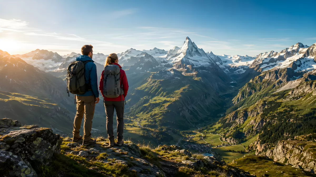 Zwei Wanderer blicken auf Matterhorn und Alpental — Bild kostenlos herunterladen