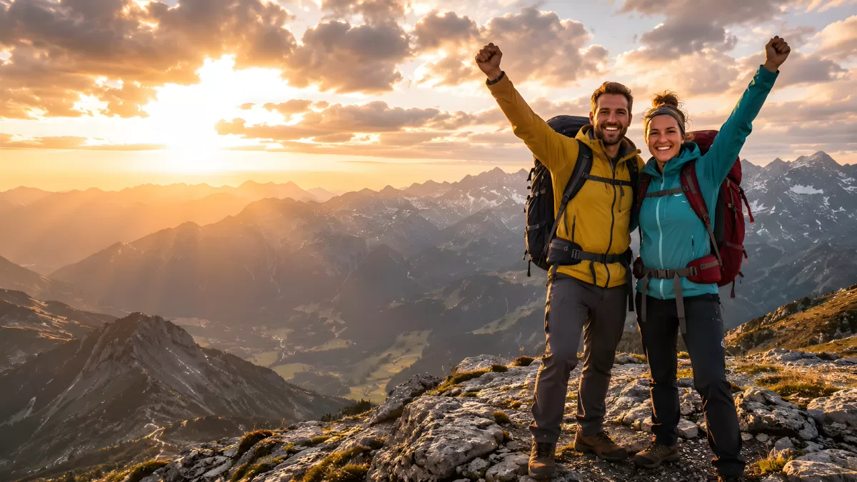 Zwei Wanderer feiern Gipfelerfolg bei Sonnenuntergang