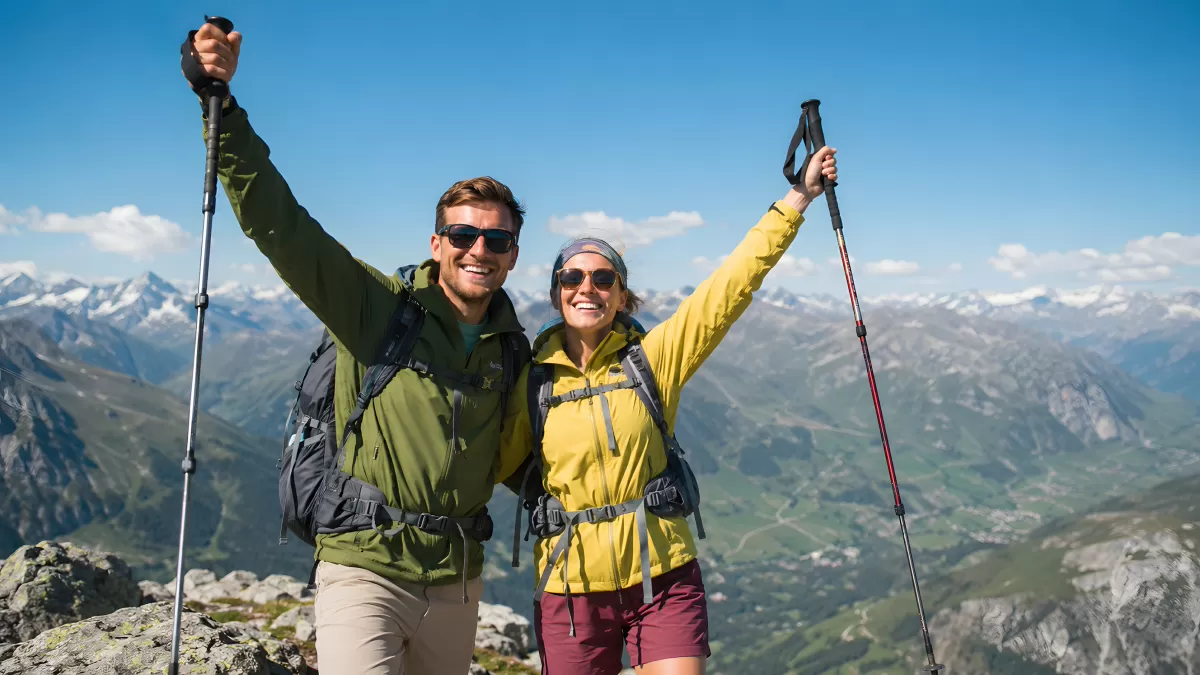 Zwei Wanderer feiern Gipfelerfolg in den Alpen