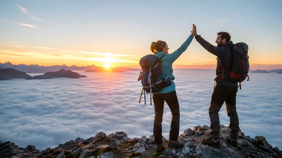 Zwei Wanderer feiern Gipfelsieg über dem Wolkenmeer