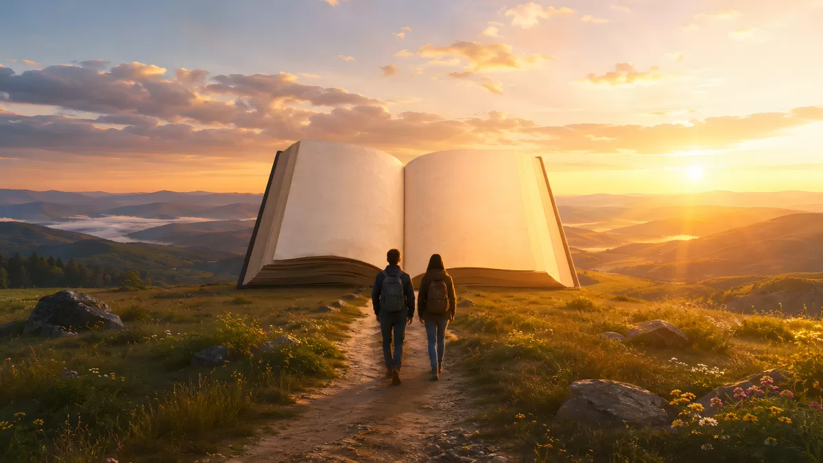 Zwei Wanderer gehen auf riesiges Buch zu