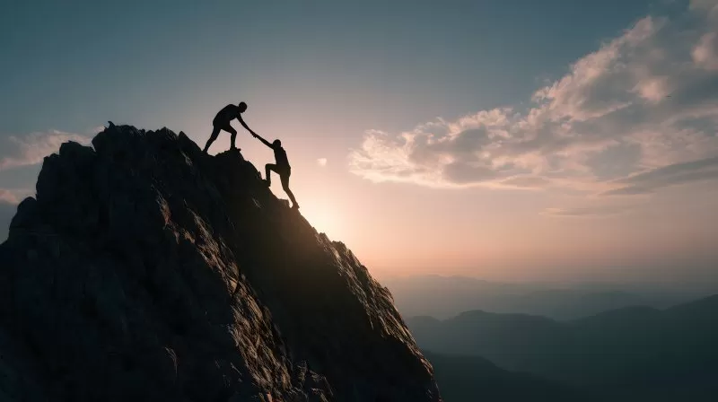Zwei Wanderer helfen sich beim Klettern auf Bergspitze im Sonnenlicht