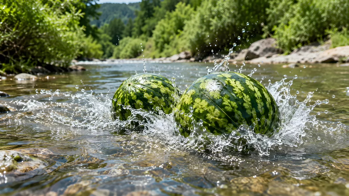 Zwei Wassermelonen planschen im klaren Fluss