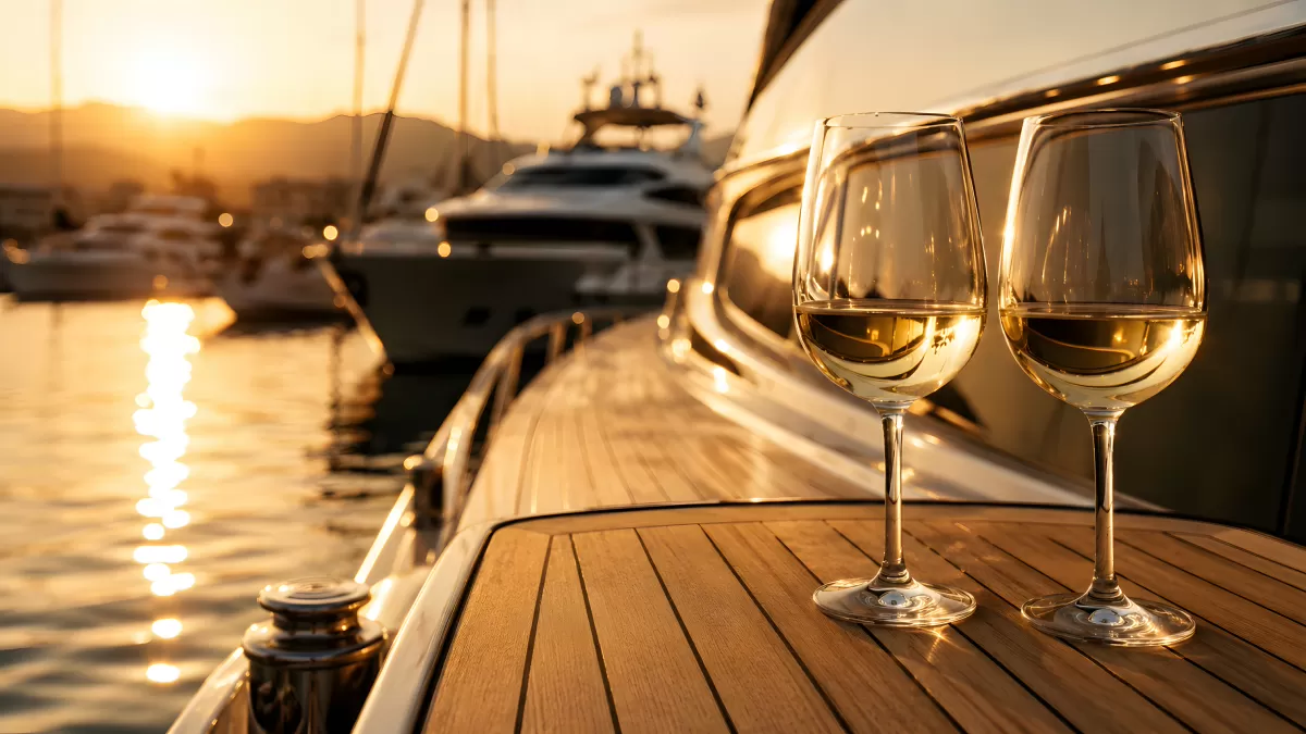 Zwei Weingläser auf Yachtdeck beim Sonnenuntergang