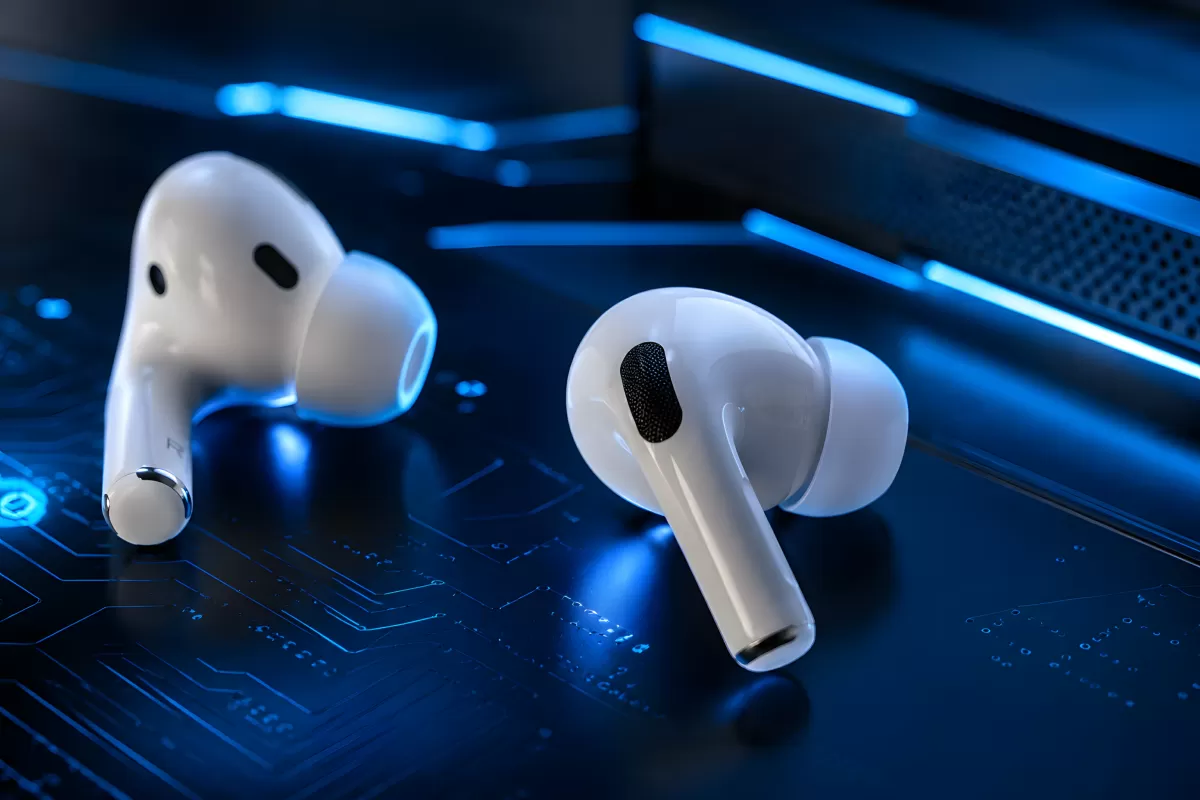 Zwei weiße In-Ear-Kopfhörer auf blau beleuchtetem Untergrund