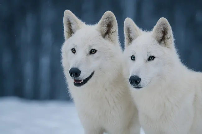 Zwei weiße Polarhunde in verschneiter Umgebung