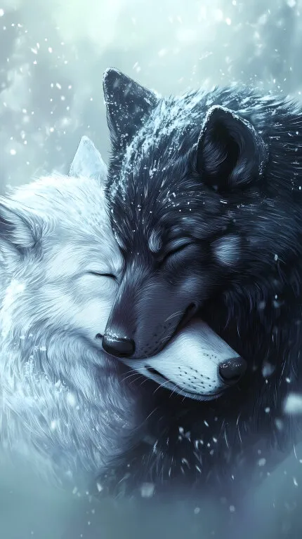 Zwei Wölfe kuscheln im Schneesturm