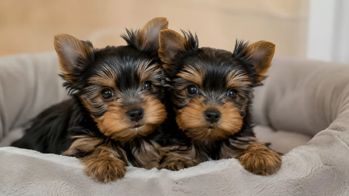 Zwei Yorkshire-Terrier-Welpen kuscheln im Hundekörbchen