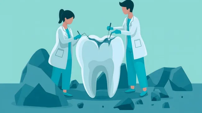 Zwei Zahnärzte behandeln riesigen Zahn - Medizin-Illustration