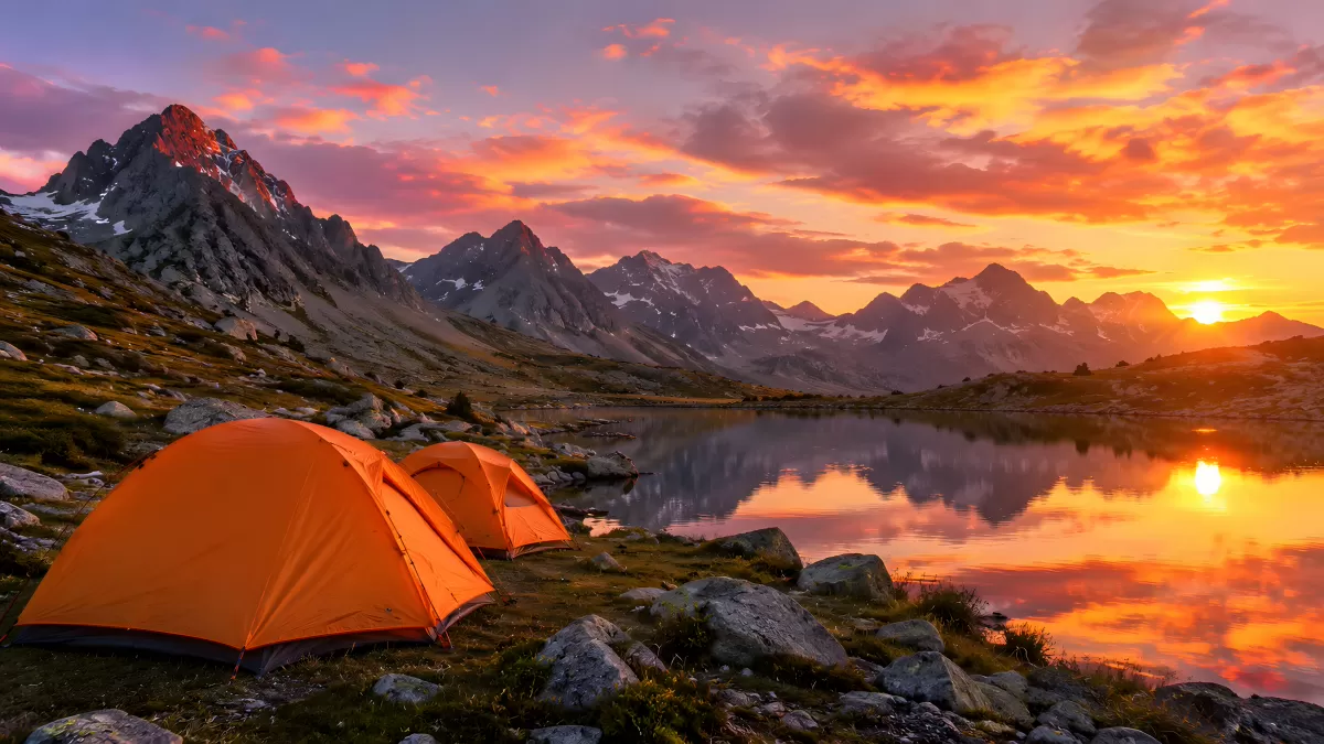 Zwei Zelte am Bergsee bei dramatischem Sonnenuntergang