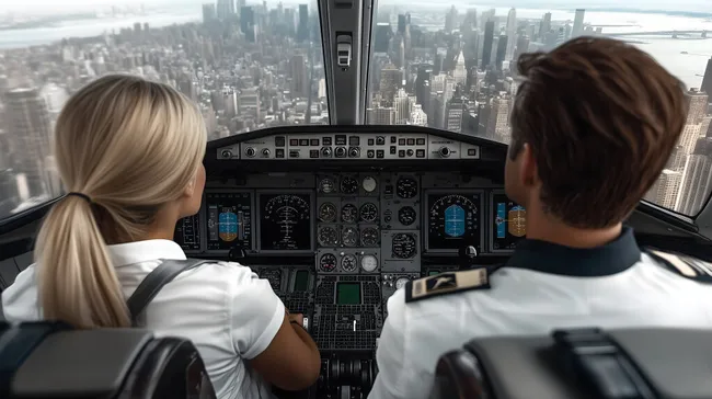 Zweipiloten-Cockpit mit Blick auf New York