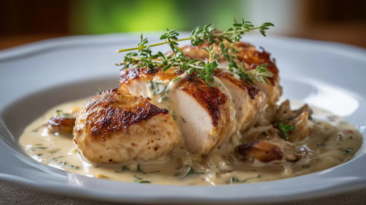 Zwiebel Sahne Hähnchen mit Thymian auf weißem Teller
