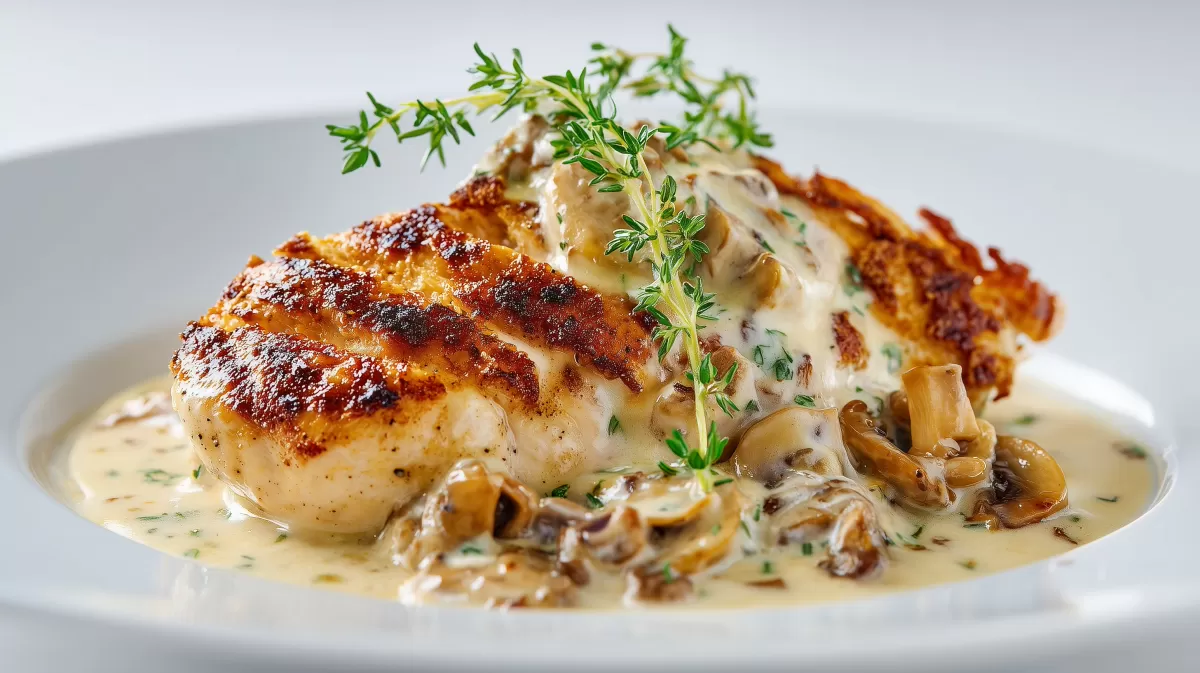 Zwiebel Sahne Hühnchen mit Pilzsoße und Thymian