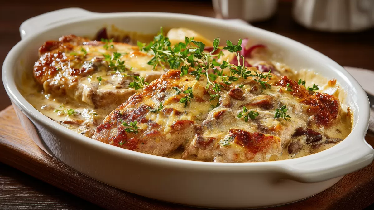 Zwiebel Sahne Schnitzel aus dem Ofen in Auflaufform